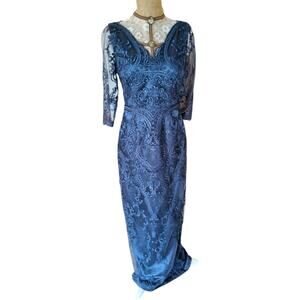 JS Collections Blue Lace sheer long sleeve gown 866937 size 6